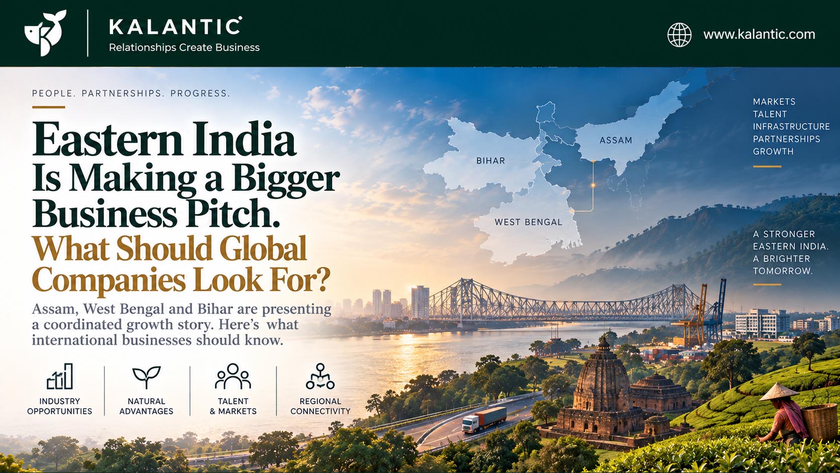 Editorial illustration of Eastern India as an emerging business region, showing a connected landscape of urban centres, industry, river routes and business networks.