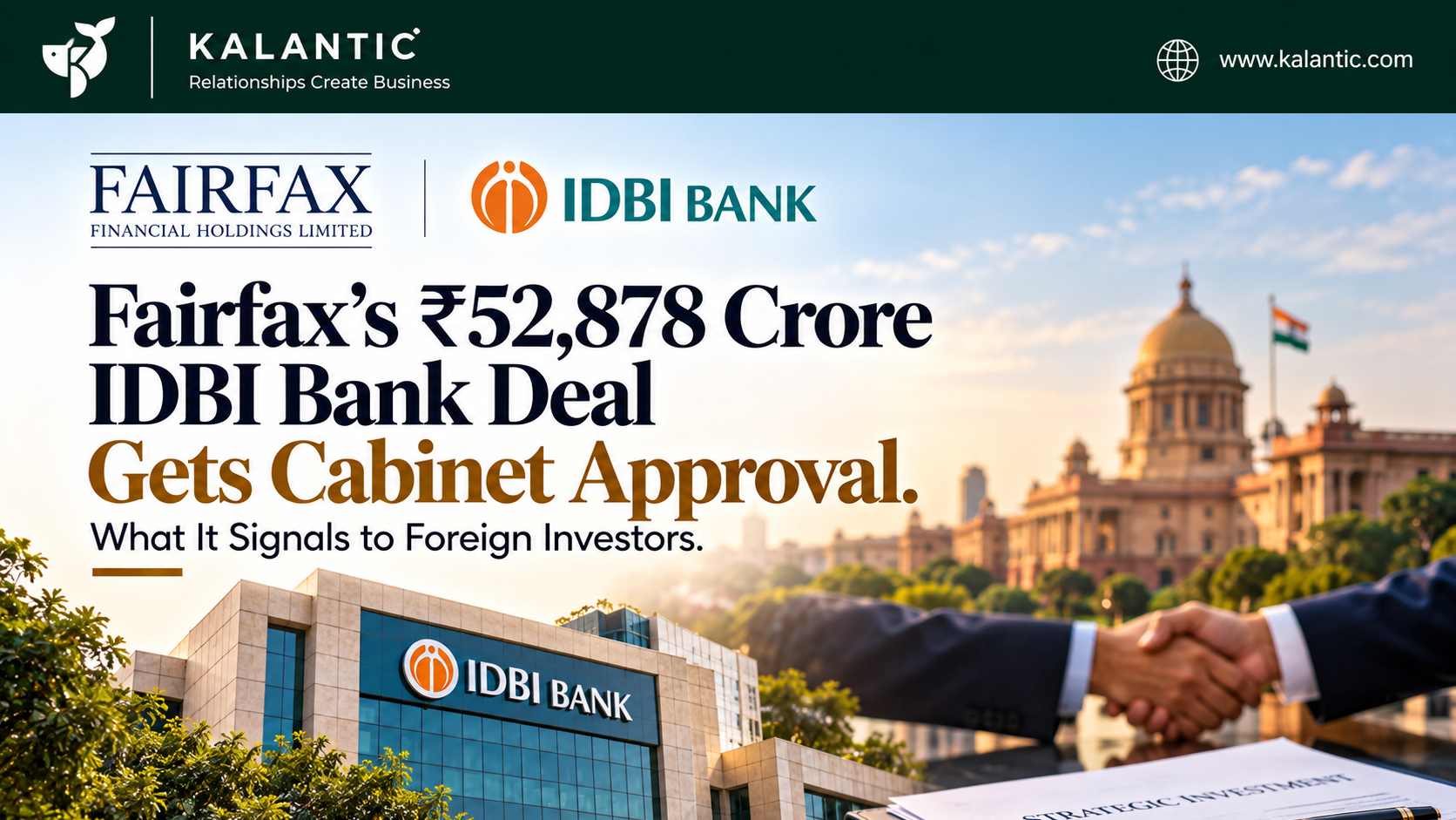 Editorial illustration depicting the Fairfax Financial acquisition of a controlling stake in IDBI Bank, highlighting foreign investment and India’s financial services sector.