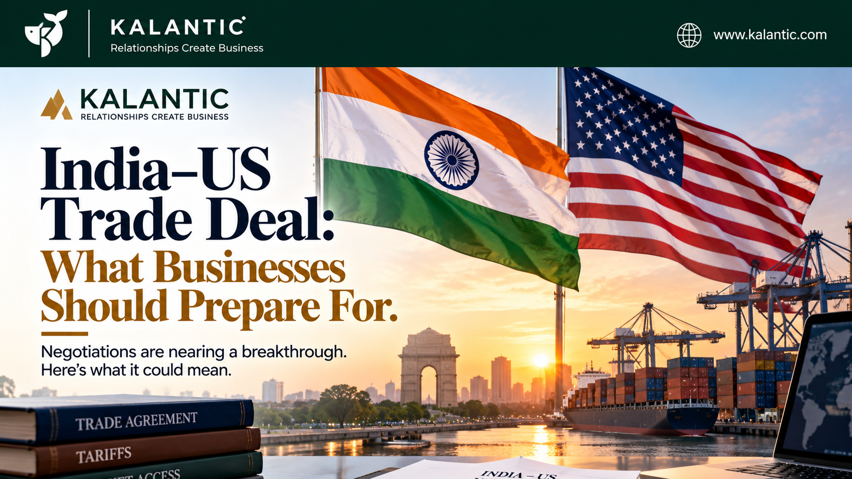 Editorial business illustration about India-US trade negotiations, showing the Indian and American flags, cargo containers, global trade routes and executives preparing for a potential bilateral trade agreement.