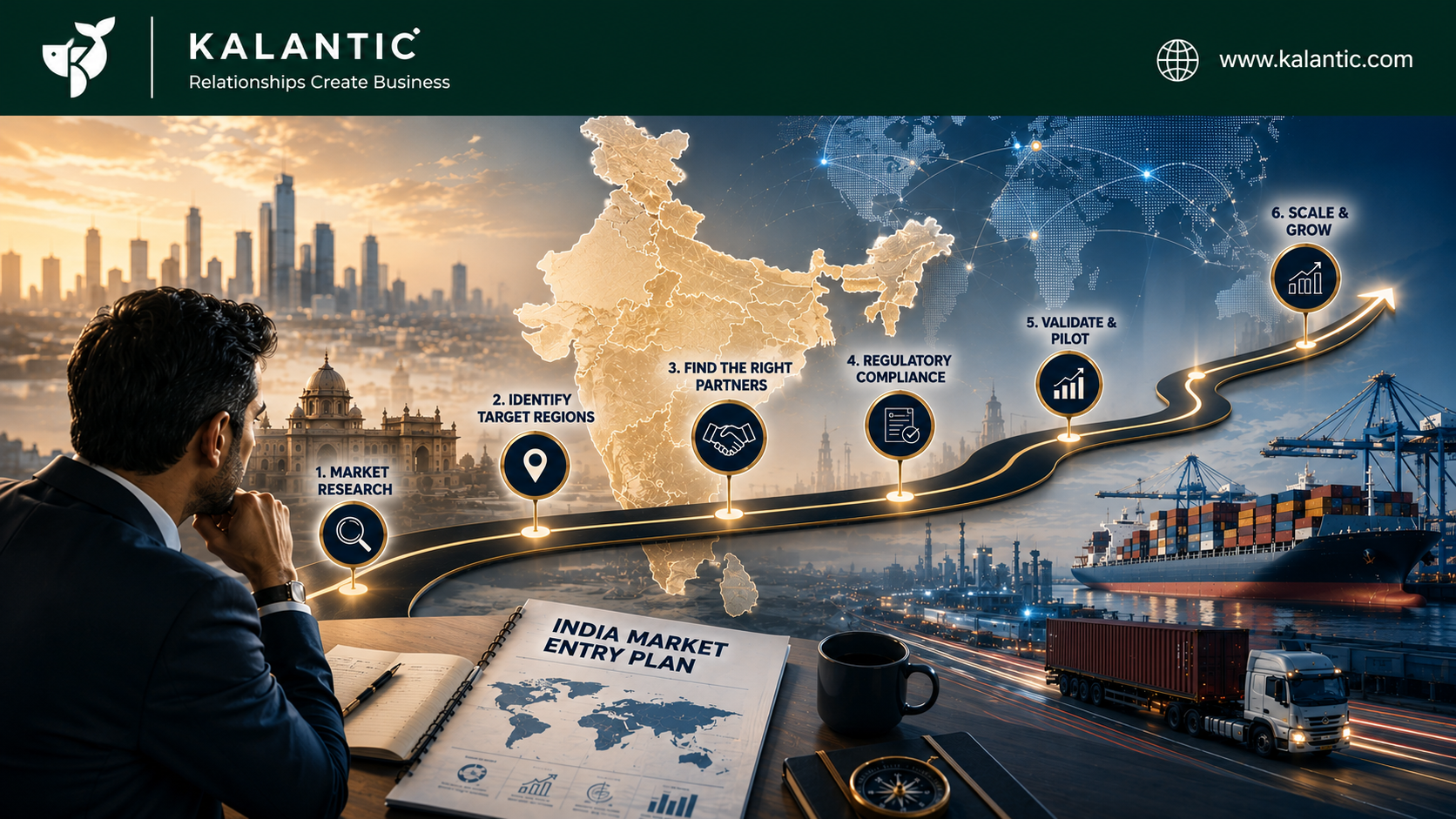 Strategic roadmap illustrating the journey of international companies entering the Indian market through research, partnerships, and business growth.