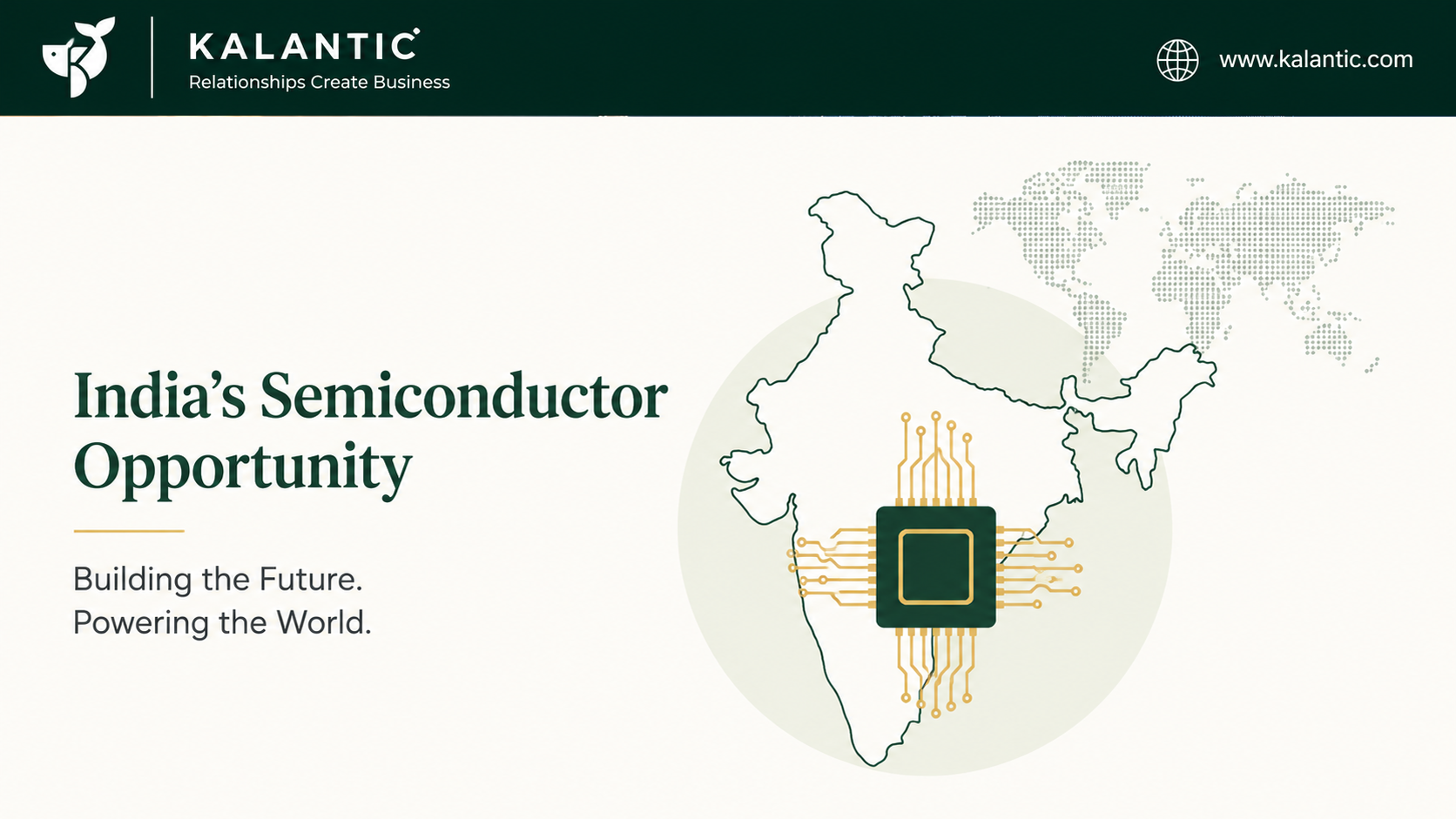 A futuristic semiconductor manufacturing facility in India connected to global supply chains with advanced chip production, robotics, and international trade routes.