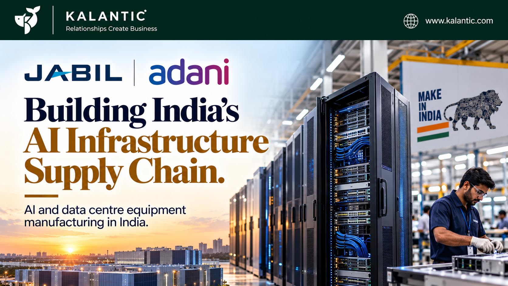 AI data centre server racks and power-cooling equipment illustrating the proposed Jabil–Adani manufacturing partnership in India