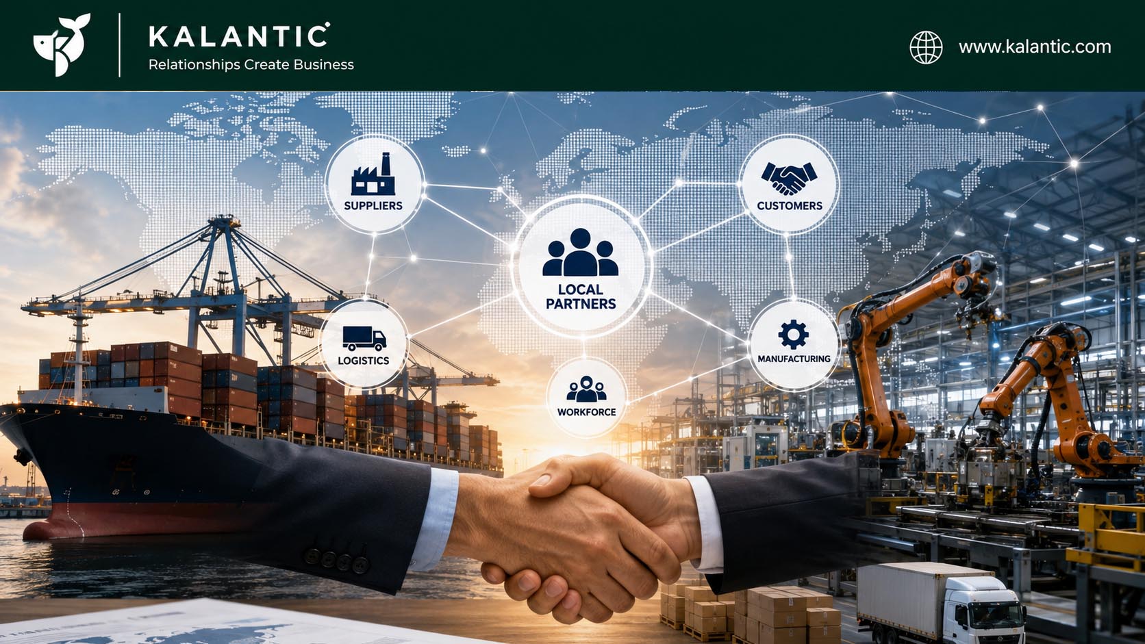 International business investment connected to local suppliers, manufacturing and business partnerships.