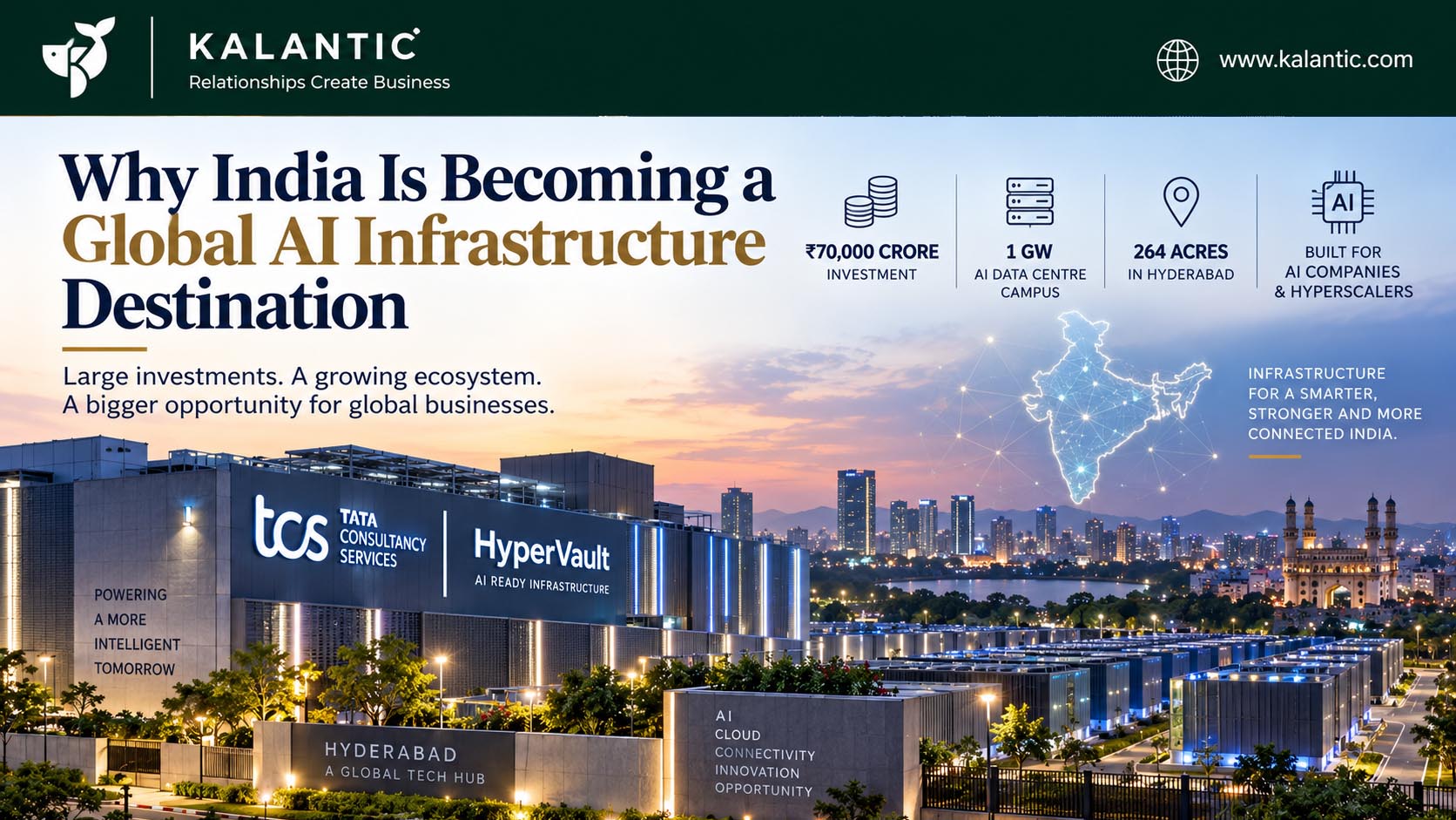 India emerging as a global AI infrastructure destination, represented by a large-scale data centre campus, artificial intelligence networks and Hyderabad’s technology ecosystem.