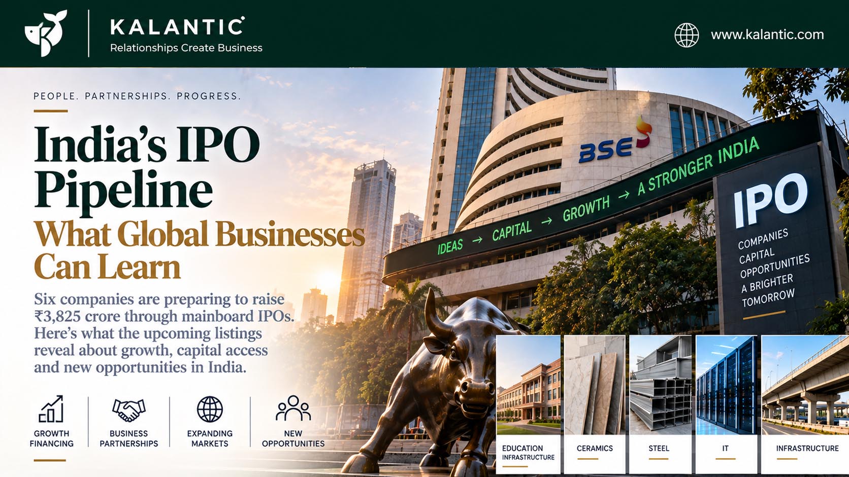 Editorial business illustration of Indian companies entering public markets, with a modern exchange setting, company buildings and financial-market connections.