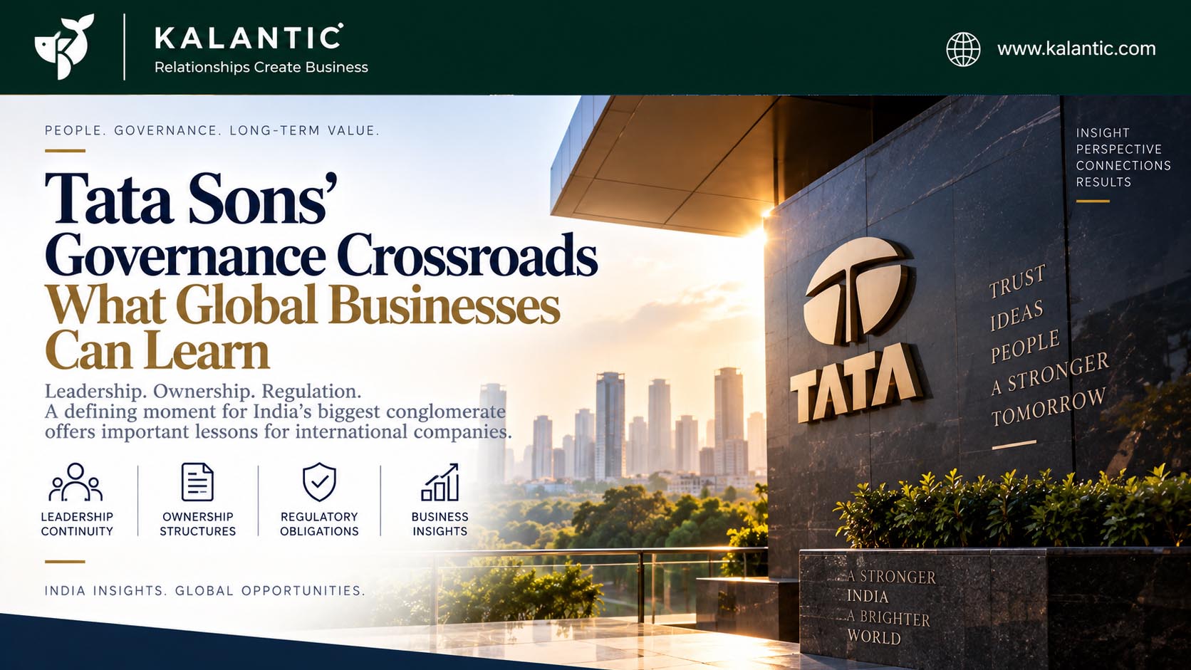 Editorial illustration representing corporate governance and leadership in India, with a modern glass business headquarters and interconnected decision-making elements.