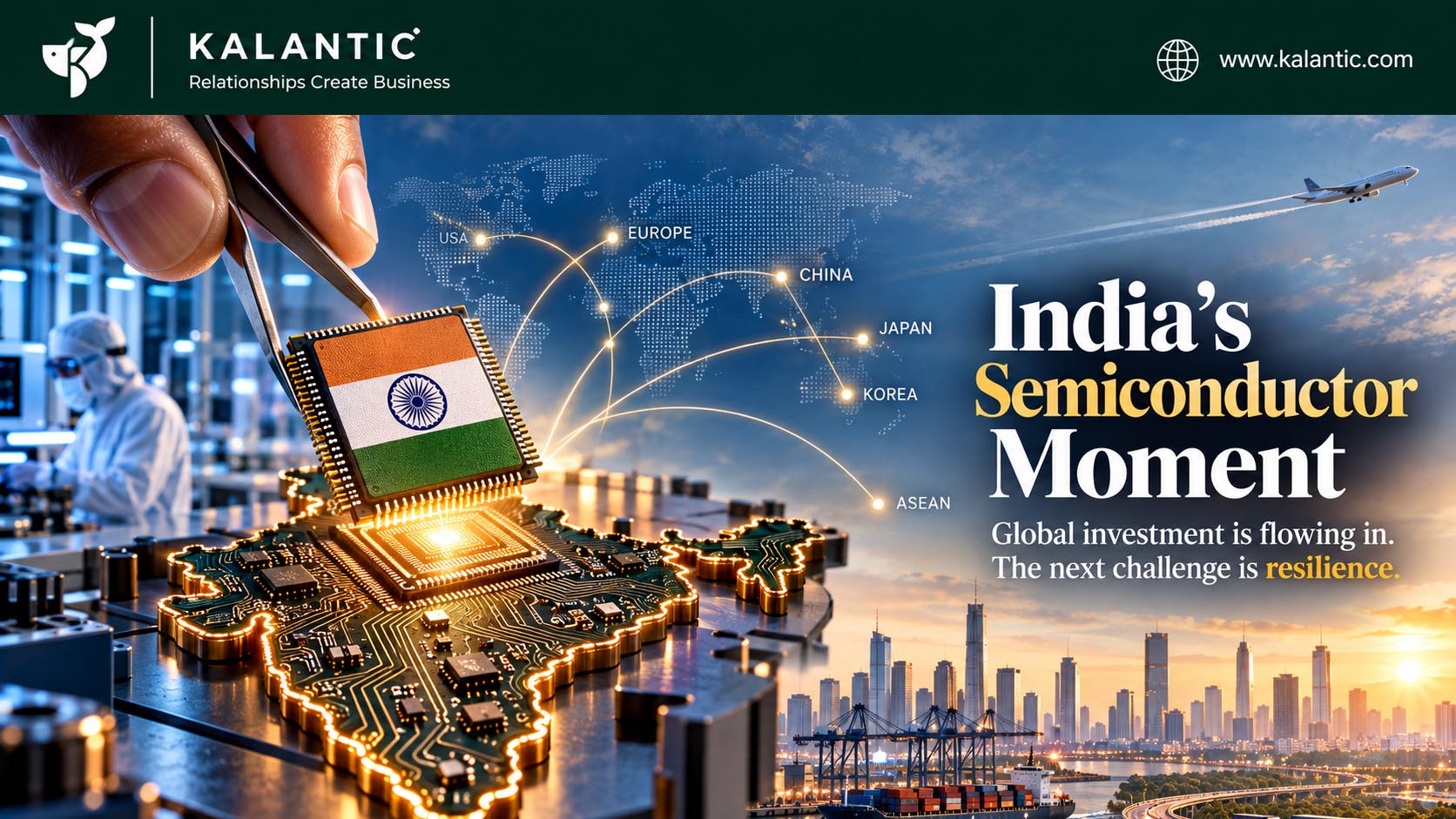 Editorial illustration of India emerging as a global semiconductor hub, with chip architecture, connected supply networks and international technology partnerships.
