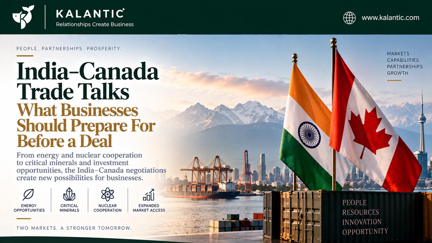Editorial illustration of India and Canada connected by trade routes, energy infrastructure, urban skylines and business partnerships.