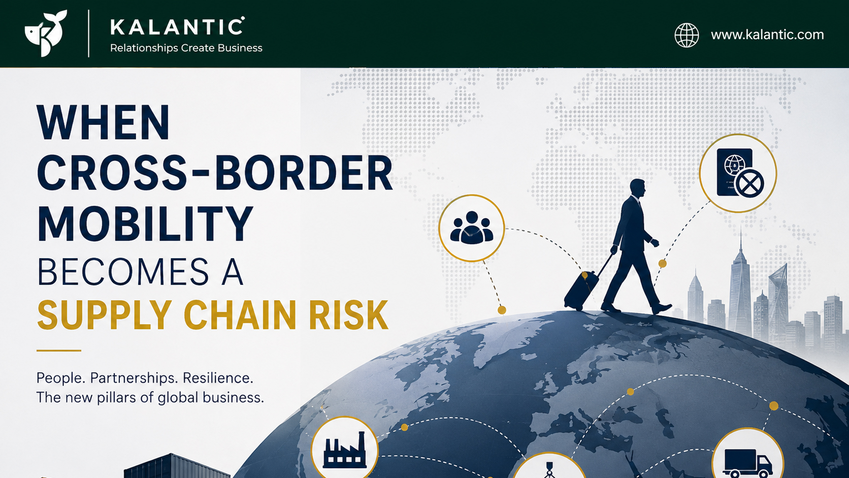 Minimal illustration representing global business connectivity, supply chains and cross-border movement of people between international markets.