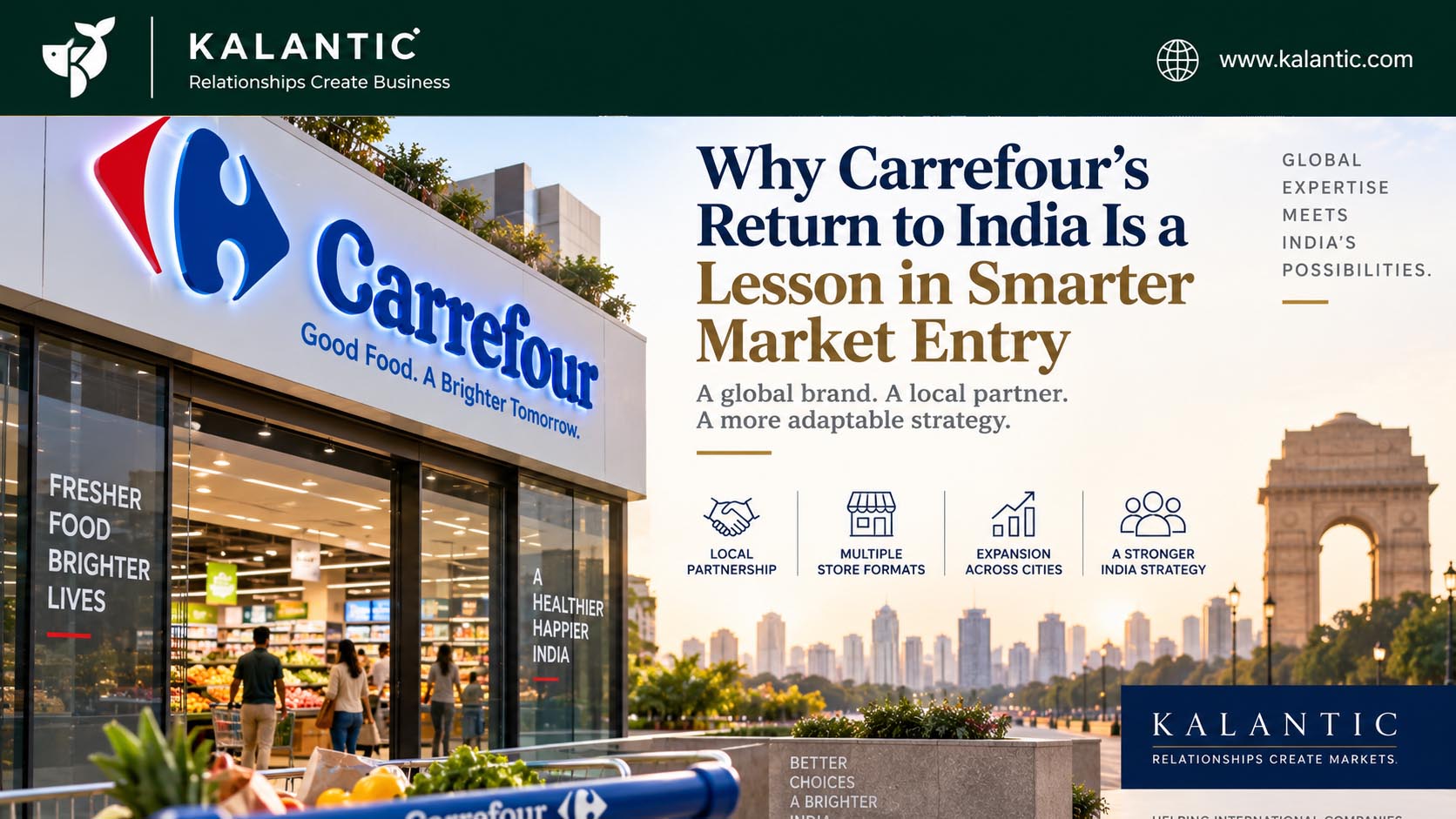 Carrefour’s return to India through a partnership-led retail expansion, representing international market entry, local partnerships and India’s growing consumer market.