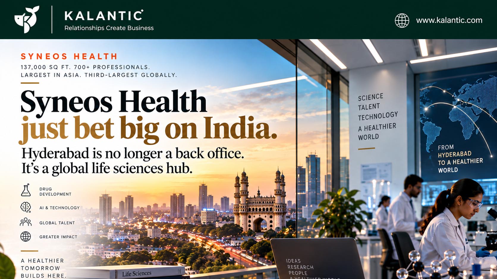 A premium editorial illustration showing Hyderabad as a global life sciences and technology hub connecting India with international markets.