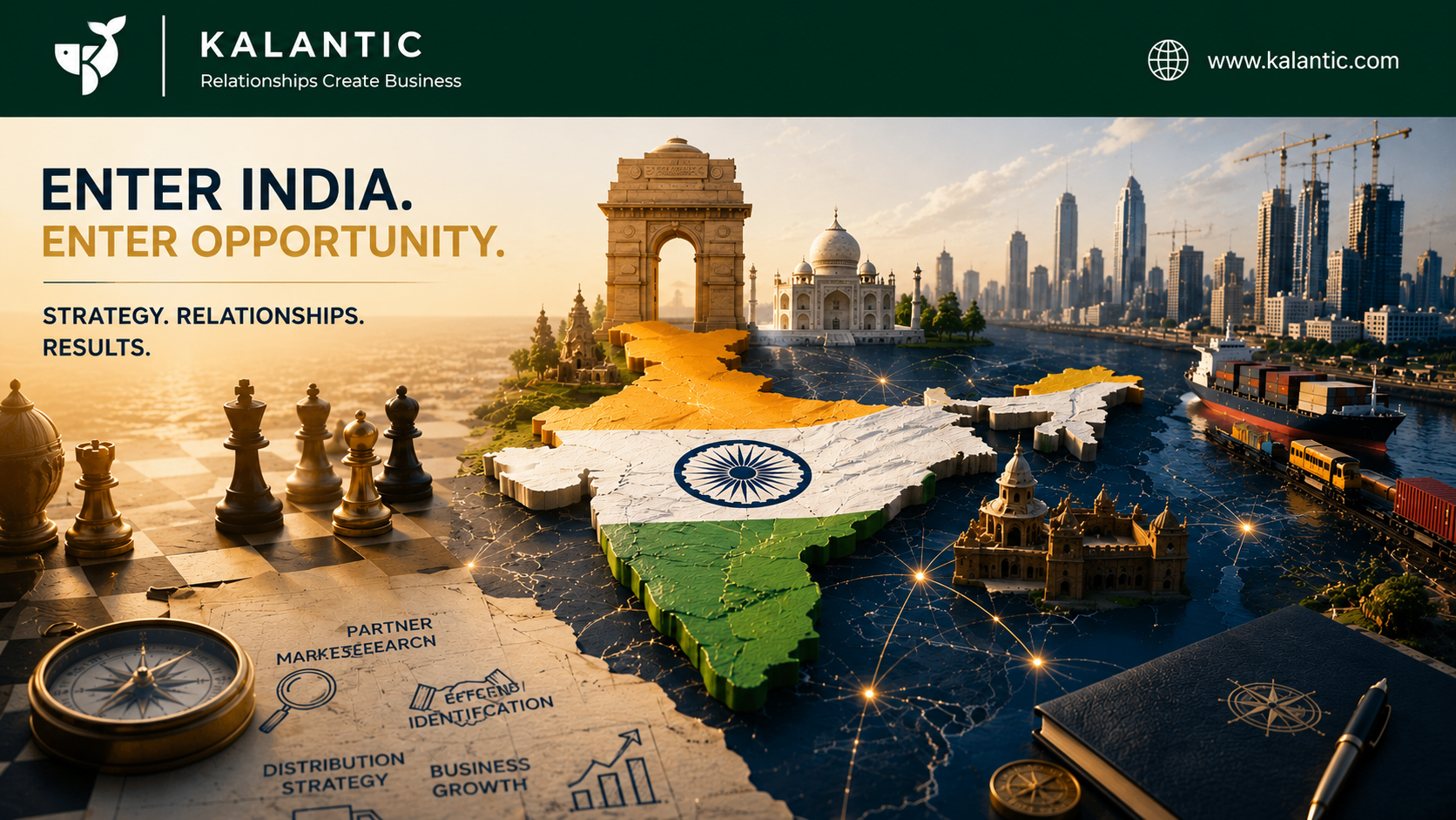 Business executives reviewing an India market expansion strategy with regional maps, charts, and distribution networks.
