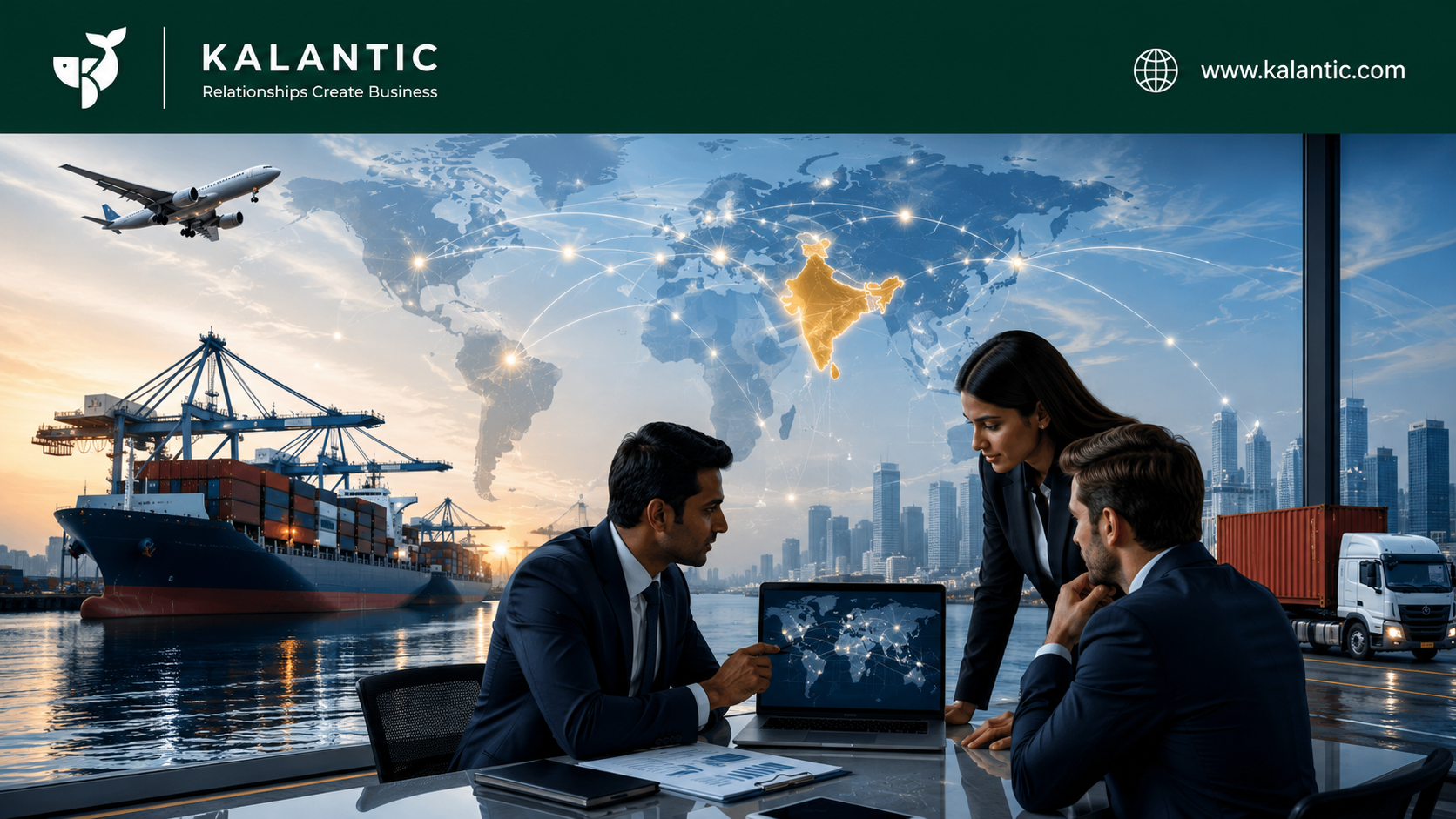 Executive team reviewing India's export ecosystem with global supply chain connections.