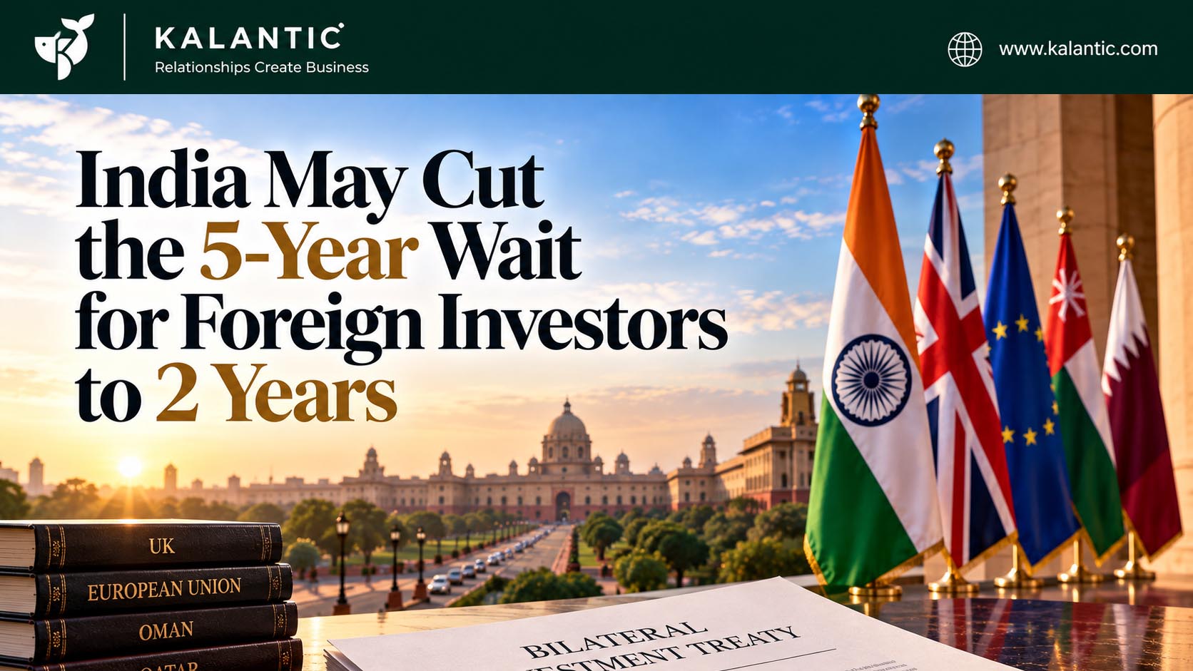 Editorial illustration of international capital flowing into India through a network of contracts, business relationships and financial connections.