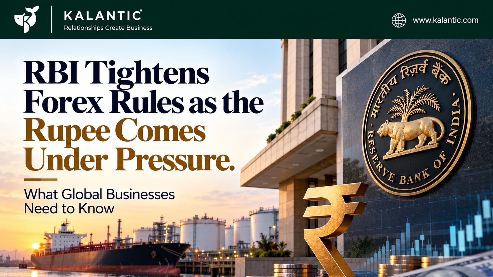 Reserve Bank of India building, Indian rupee currency symbols and international trade imagery illustrating new forex measures and currency risk for global businesses