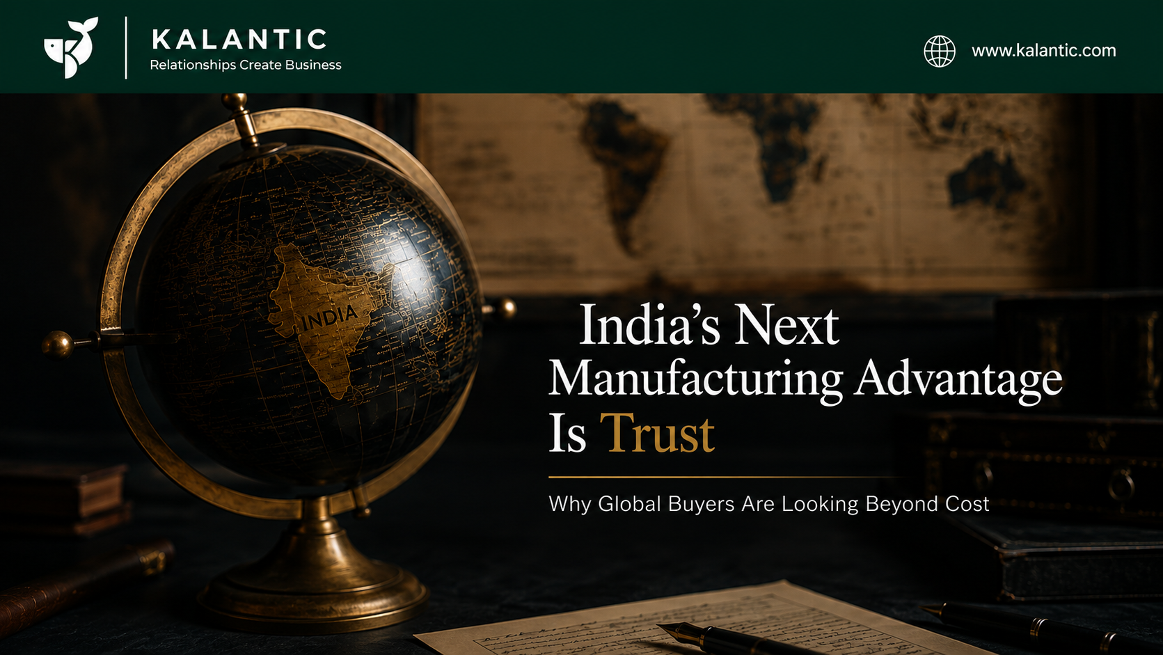 Illustration of India connected to global buyers through quality-focused manufacturing, supply chains, exports, and strategic partnerships.