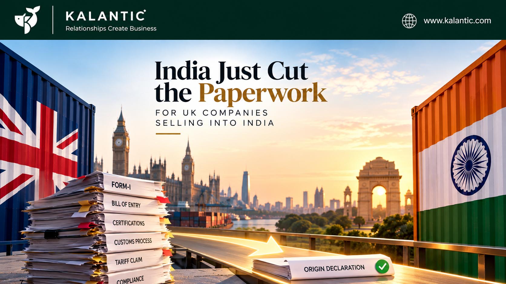 Editorial illustration showing UK and India connected through a trade agreement, customs documents and preferential tariff benefits.